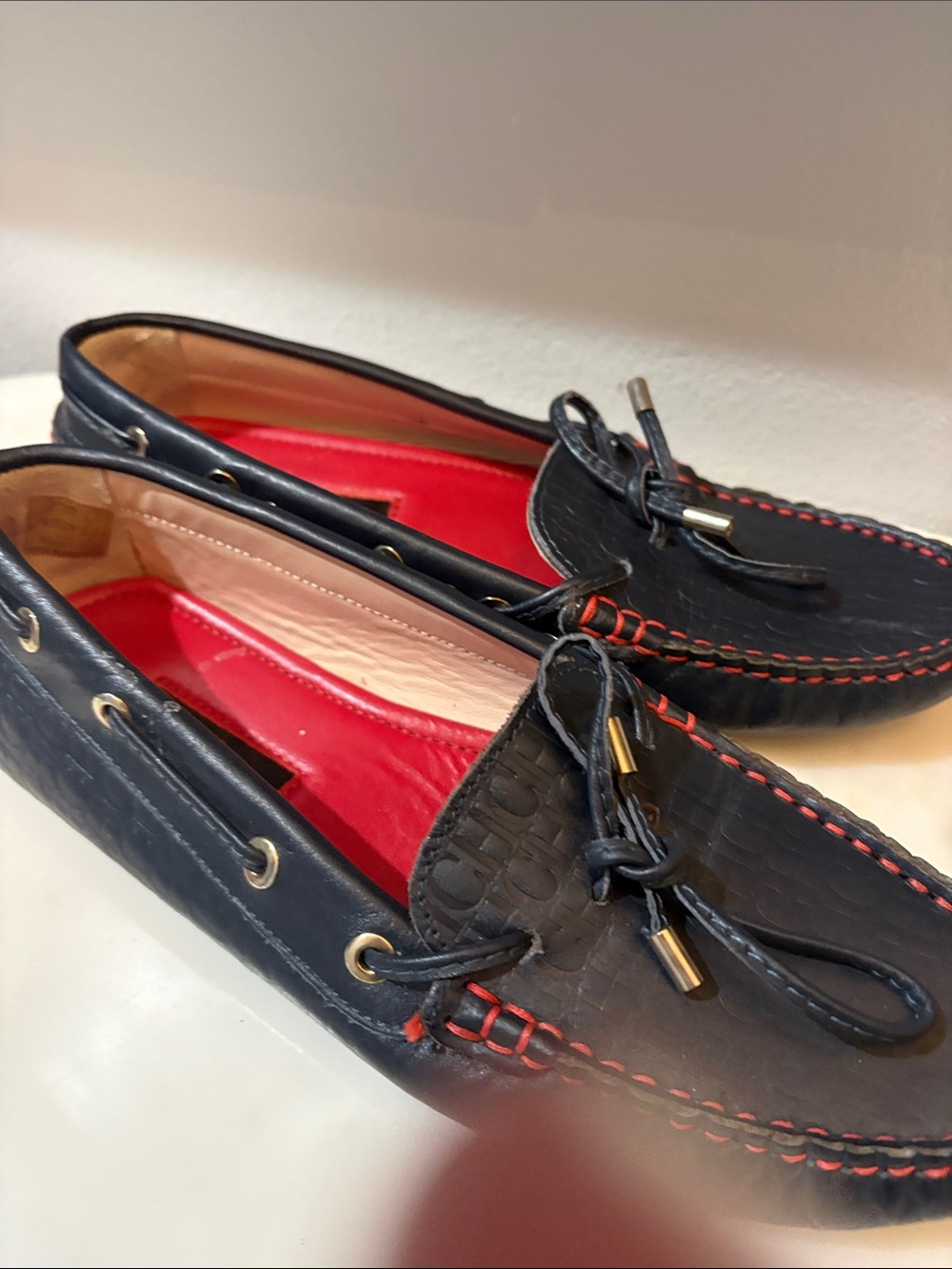 Carolina Herrera Navy Leather Driving Loafers with Red Interior